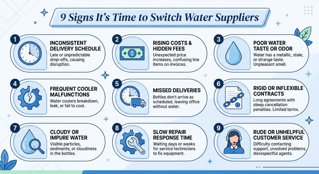 Infographic listing the 9 signs you need a new office water supplier, including hidden fees and bad taste.